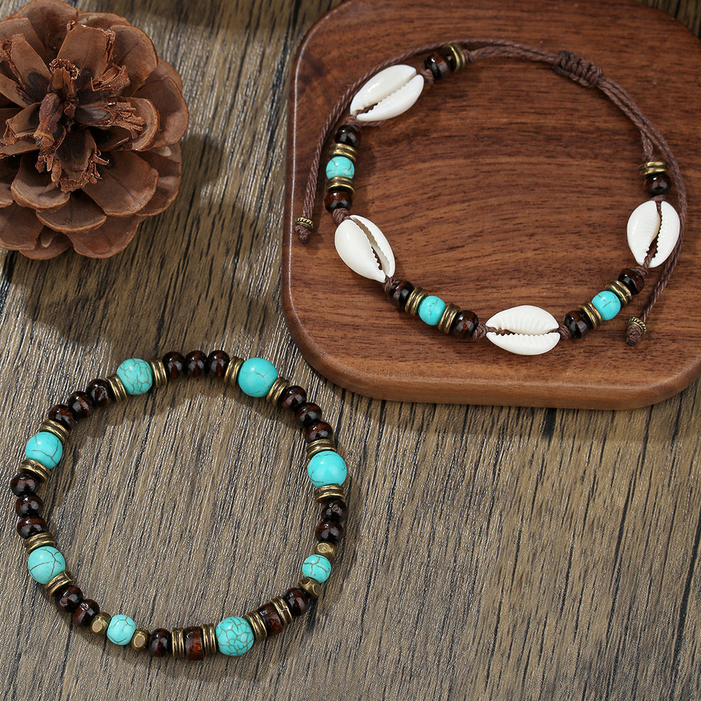 New Coconut Shell Wood Multi-layer Stacked Wear Bracelet Retro Men's Turquoise Beaded Bracelet