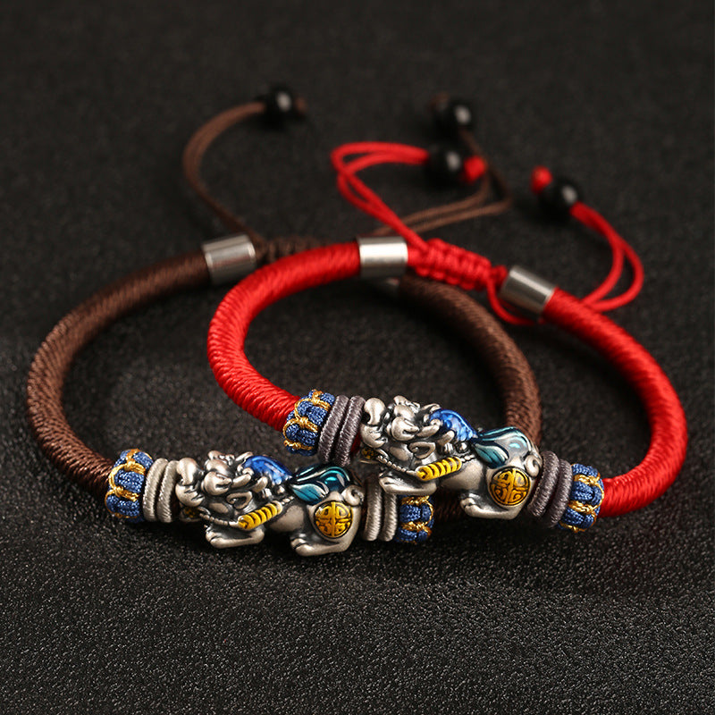 Handmade Dragon Knot Silver Pixiu Adjustable Bracelet With Auspicious Meaning