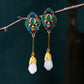 Elegante Vintage vergoldete Jade-Imitation, buddhistisch inspirierte spirituelle Ohrringe
