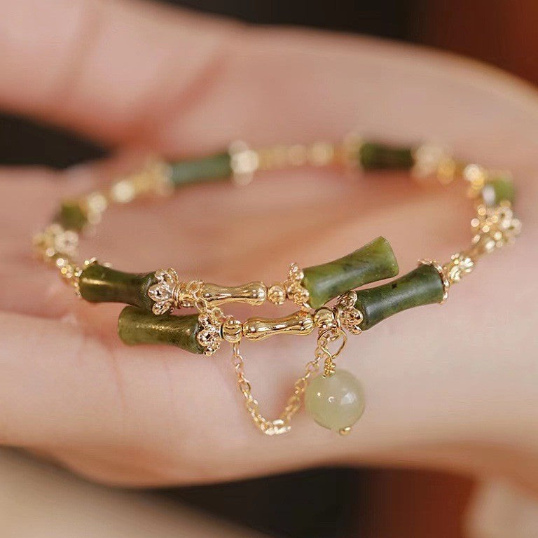 Bamboo And Hetian Jade Bracelet With Olive Green Color - Buddha Blessing You