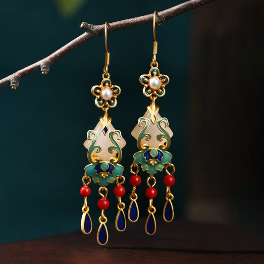 Elyuan National Fashion Accessories Women'S Ancient Style Color-Preserving Gold-Plated Imitation Jade Niche Design Vintage Earrings Gift
