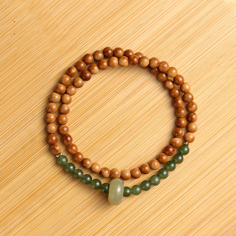 Mountain Green Style High Polish Kukui Nut With Hetian Jade Double Loop Bracelet