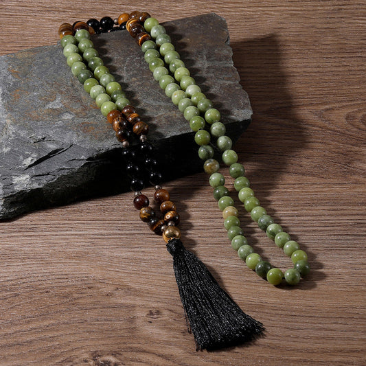 Vintage Bohemian Natural Stone Beaded Tassel Mala Necklace