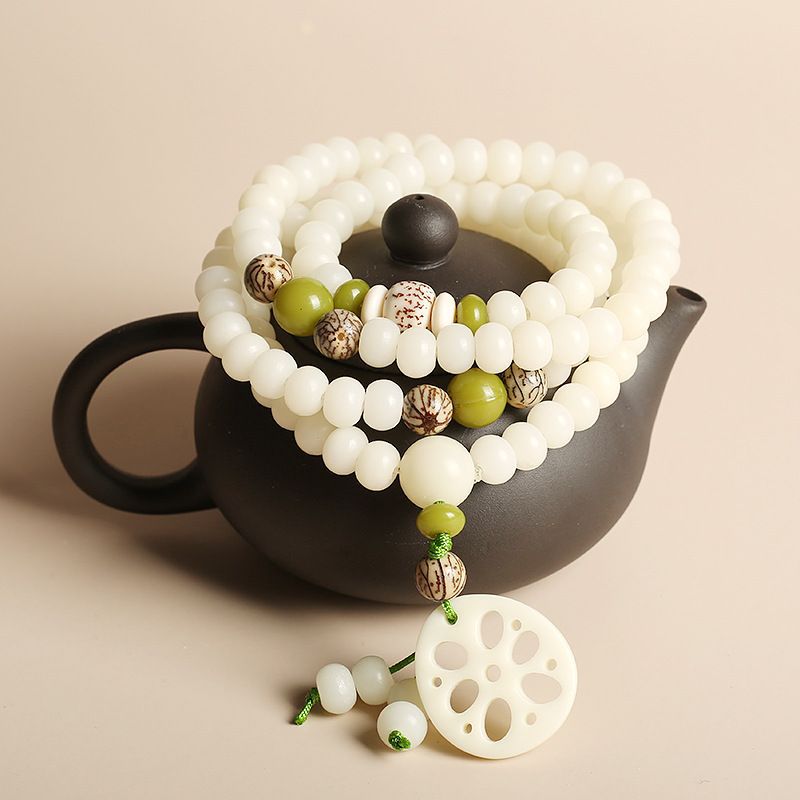 Natural White Bodhi Seed 108 Beads Buddhist Mala Necklace With Lotus
