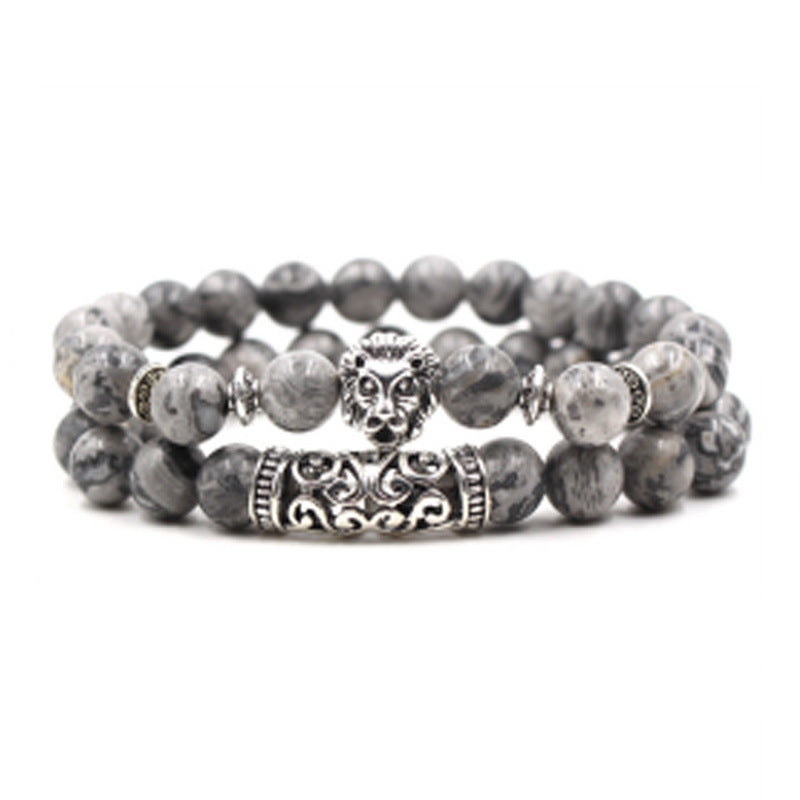 Tiger Eye Stone Copper Micro Inlaid Elastic Bracelet With Black Matte Zircon Balls Punk Style Two Piece Set