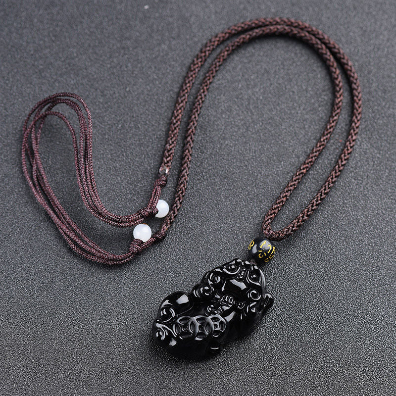 Black Obsidian Pixiu Pendant Necklace With Three Coin Design