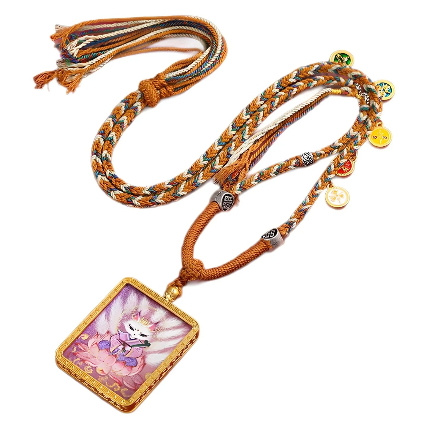 Golden Tibetan Nine Tailed Fox Wealth Deity Thangka Art Necklace Pendant - Buddha Blessing You