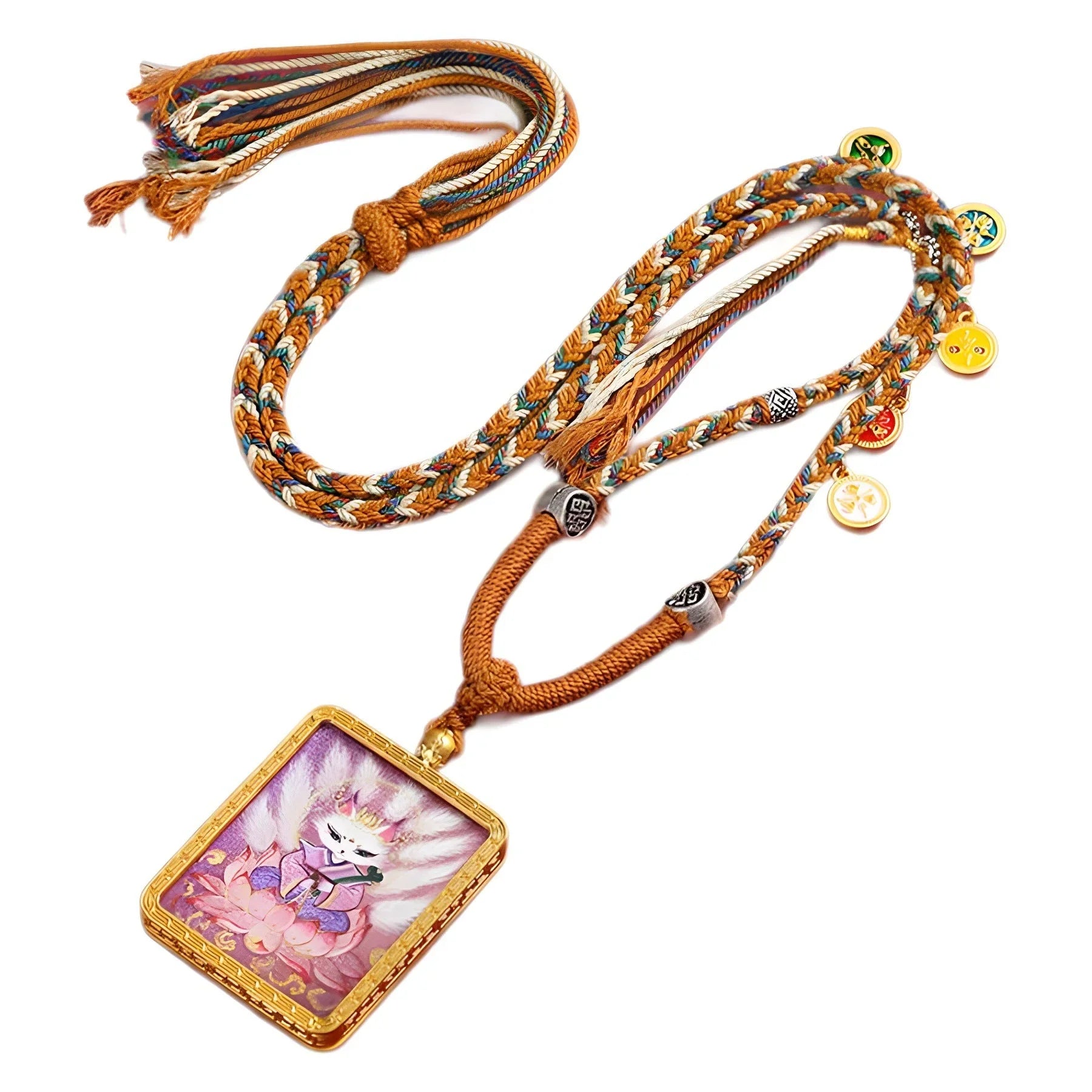 Golden Tibetan Nine Tailed Fox Wealth Deity Thangka Art Necklace Pendant - Buddha Blessing You