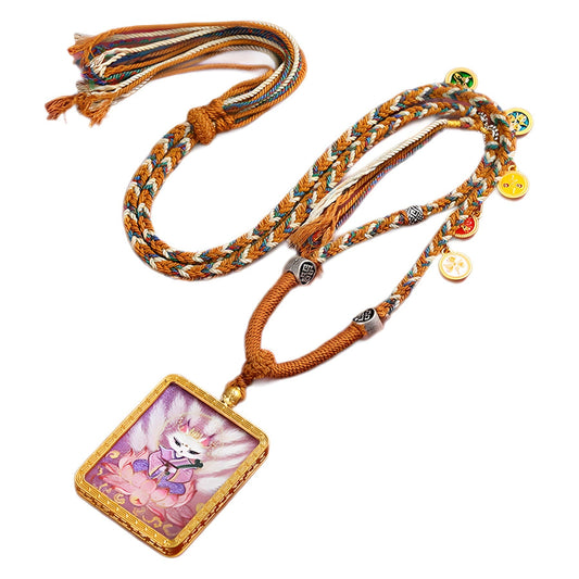Gold Pendant Tibetan Nine-tailed Fox Yellow God of Wealth Past and Present Hand-painted Thangka Gawu Box Necklace Pendant