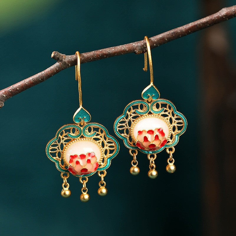 Elyuan National Fashion Accessories Women'S Ancient Style Color-Preserving Gold-Plated Imitation Jade Niche Design Vintage Earrings Gift