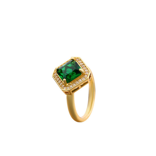 Gold Plated Seiko Emerald Square Diamond Ring Light Luxury Style Elegant Full Diamond Open Ring