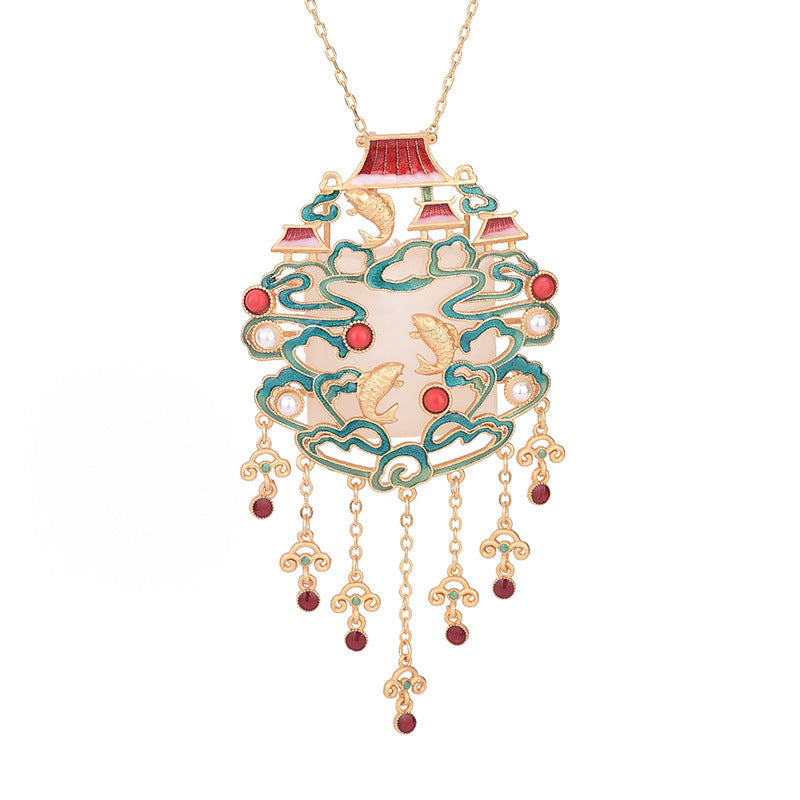 National Fashion Necklace New Accessories Ancient Method Gold-plated Imitation Hetian Jade Fish