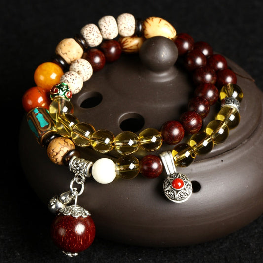 Multi Gem Bead Bracelet With Sandalwood Yellow Crystal And Bodhi Seeds Bracelet