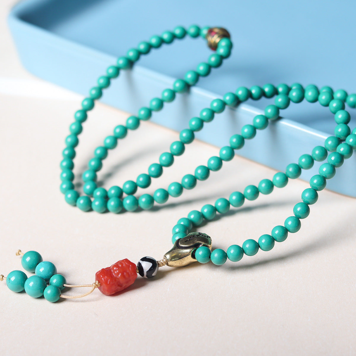Original design imitation turquoise net flower old barrel bead bracelet tiger tooth bead with yak bone