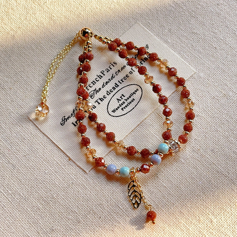 National Style Red Gold Sandstone Double Circle Glitter Bracelet - Buddha Blessing You