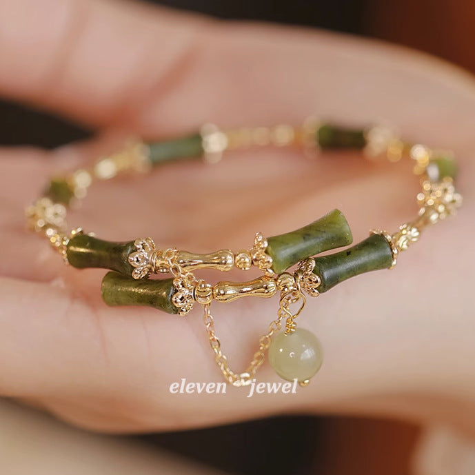 Bamboo And Hetian Jade Bracelet With Olive Green Color - Buddha Blessing You