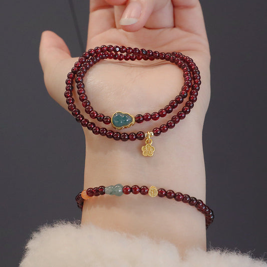 Natural Garnet Bracelet Women's Double Circle Wine Red Clean Body genuine goods Blue Water Emerald
