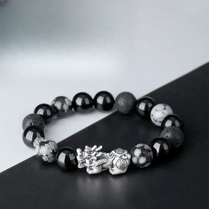 Sterling Silver Bracelet Natural Obsidian Volcanic Stone Foot Silver Bracelet Men's Retro Fashion High-end Jewelry