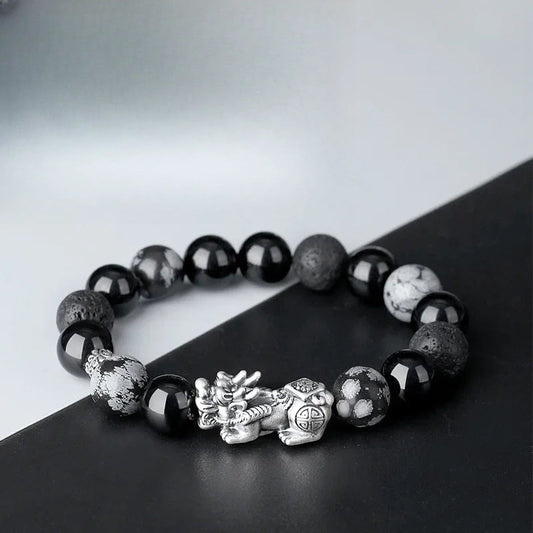 Sterling Silver Bracelet Natural Obsidian Volcanic Stone Foot Silver Bracelet Men's Retro Fashion High-end Jewelry